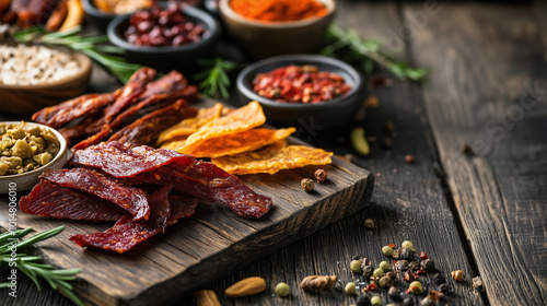 Gourmet Jerky Selection Displayed on a Rustic Wooden Board with Assorted Flavors and Textures Perfect for Snacking photo