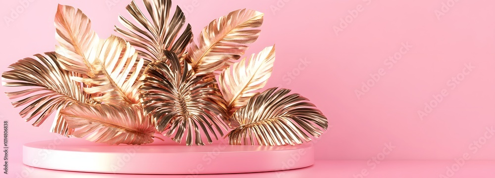 Naklejka premium 1. A vibrant 3D rendering of a pink stage podium adorned with elegant gold palm leaves, set against a soft pink background, creating a luxurious and inviting atmosphere