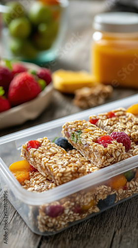 Bright and Nutritious Soy-Free Energy Bars Being Packed into a Fun School Lunchbox for Healthy Eating photo