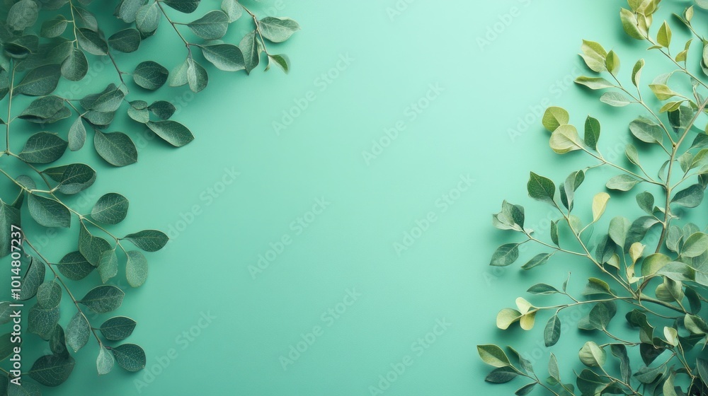 Green Leaves on Mint Background Green Leaves on Mint Background