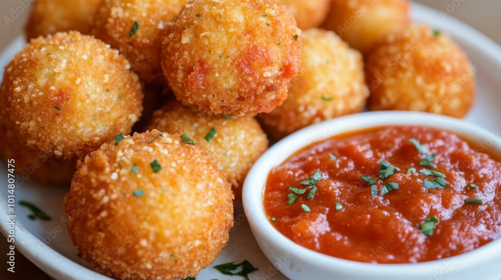 Crispy Cheese Balls with Marinara Sauce on Plate Crispy Cheese Balls with Marinara Sauce on Plate