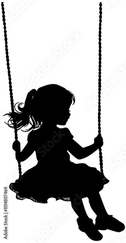 Silhouette of a cartoon little girl on a swing, isolated