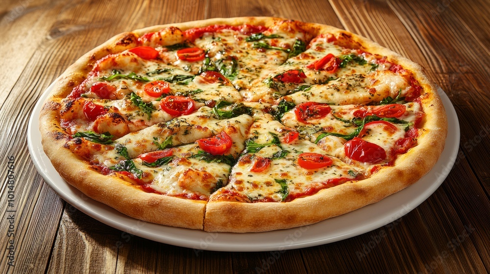 Bubbling hot Quattro Formaggi pizza on a plate, isolated, with vibrant ingredients like herbs and tomatoes on a wooden table Bubbling hot Quattro Formaggi pizza on a plate, isolated, with vibrant ingredients like herbs and tomatoes on a wooden table