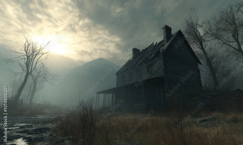 A weathered stone house with a porch, sits on a hill overlooking a misty creek and forest. A weathered stone house with a porch, sits on a hill overlooking a misty creek and forest.