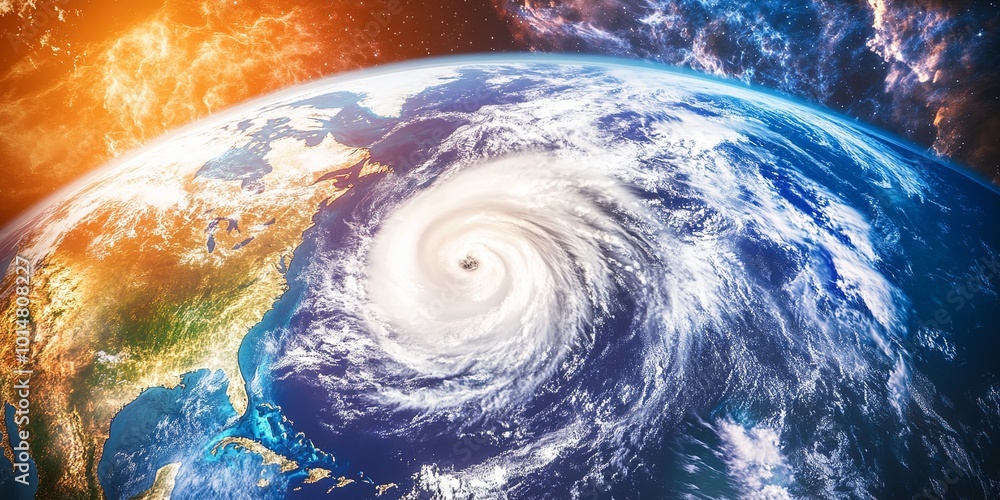 Fototapeta premium An ultra-realistic view of Earth from space, showcasing a massive swirling hurricane over the ocean