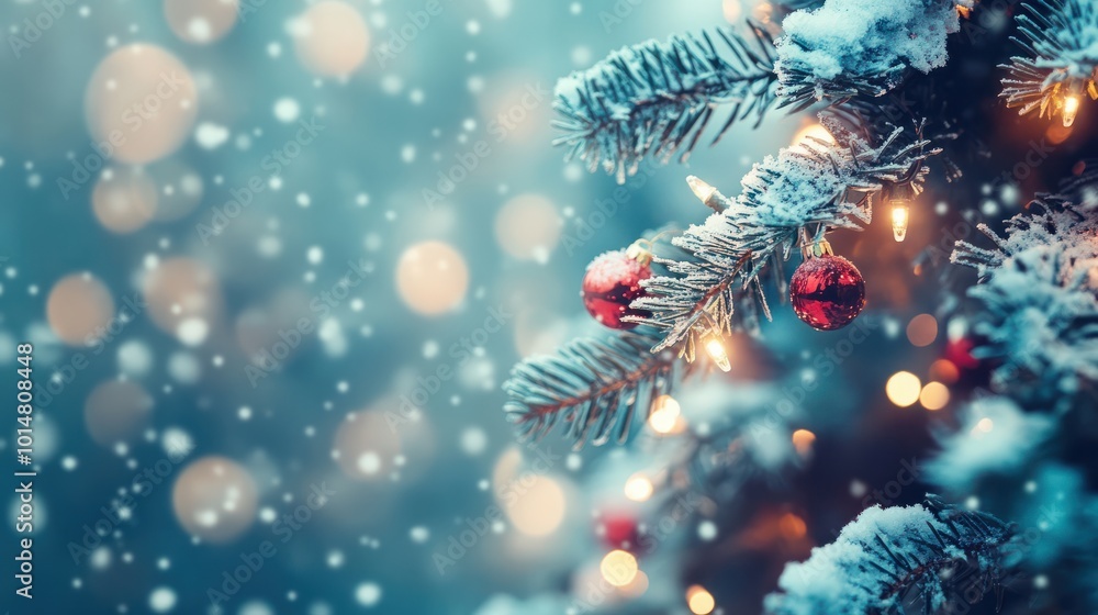 Christmas winter blurred background. Xmas tree with snow decorated with garland lights, holiday festive background. Widescreen backdrop. New year Winter art design, wide screen holiday border Christmas winter blurred background. Xmas tree with snow decorated with garland lights, holiday festive background. Widescreen backdrop. New year Winter art design, wide screen holiday border