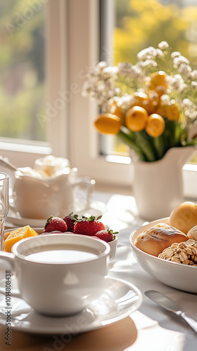 Warm and Cozy Breakfast Table with an Assortment of Healthy Snacks Illuminated by Soft Morning Light