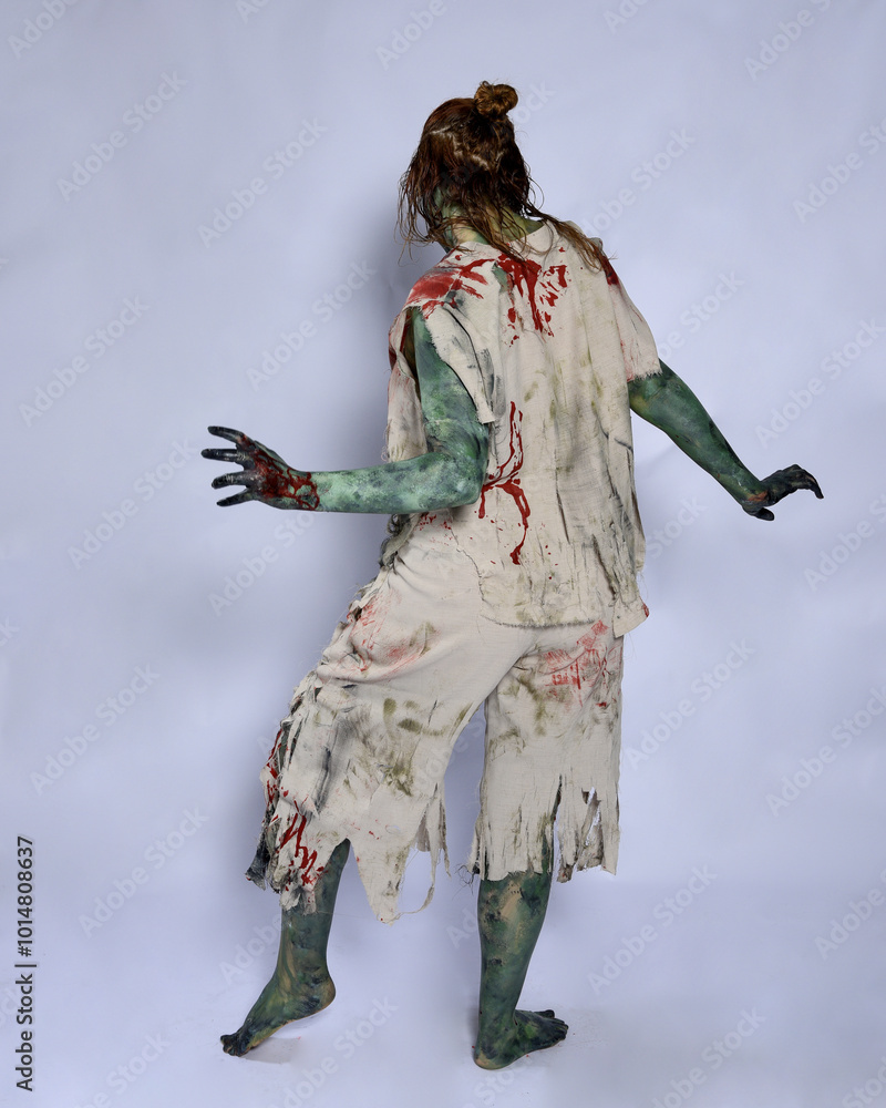 Fototapeta premium portrait of scary female model wearing spooky halloween costume wearing, ripped clothes and fake blood like an undead apocalyptic zombie character. Isolated walking figure on dark studio background