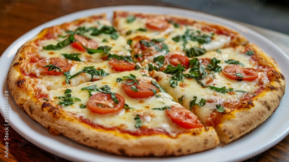 Four cheese pizza on a white plate, bubbling hot, white background, colorful ingredients like garlic, basil, and tomatoes on a rustic wooden table Four cheese pizza on a white plate, bubbling hot, white background, colorful ingredients like garlic, basil, and tomatoes on a rustic wooden table