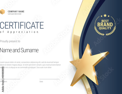 Award certificate with a star design in blue and gold colors. Horizontal template Diploma of modern design or gift certificate. Vector illustration.
