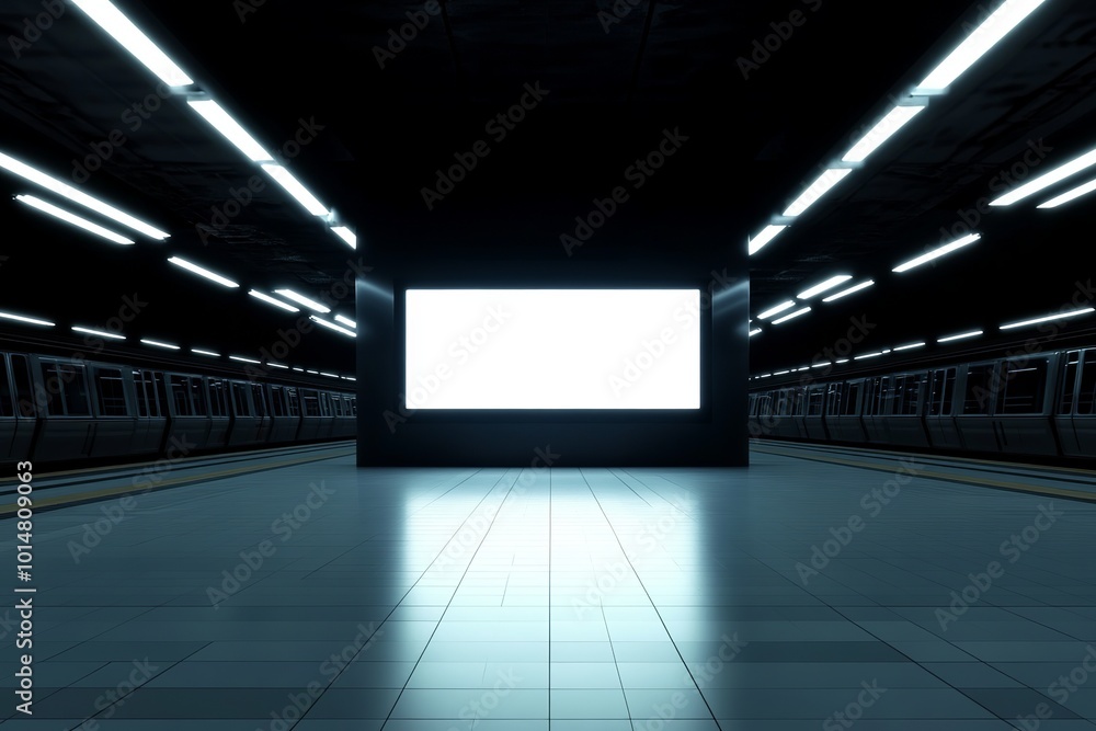 A futuristic subway station at night with a glowing advertisement screen in the center. The scene features a symmetrical perspective, polished floor tiles, and sleek modern lighting A futuristic subway station at night with a glowing advertisement screen in the center. The scene features a symmetrical perspective, polished floor tiles, and sleek modern lighting