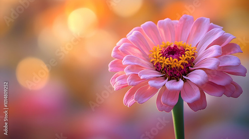 A close-up of a pink zinnia bloom a soft, blurred background