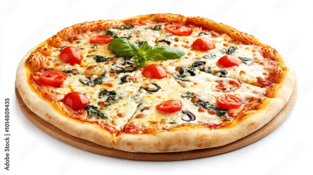 Pizza Quattro Formaggi with melted cheese, isolated on a white background, surrounded by fresh colorful ingredients on a wooden table Pizza Quattro Formaggi with melted cheese, isolated on a white background, surrounded by fresh colorful ingredients on a wooden table