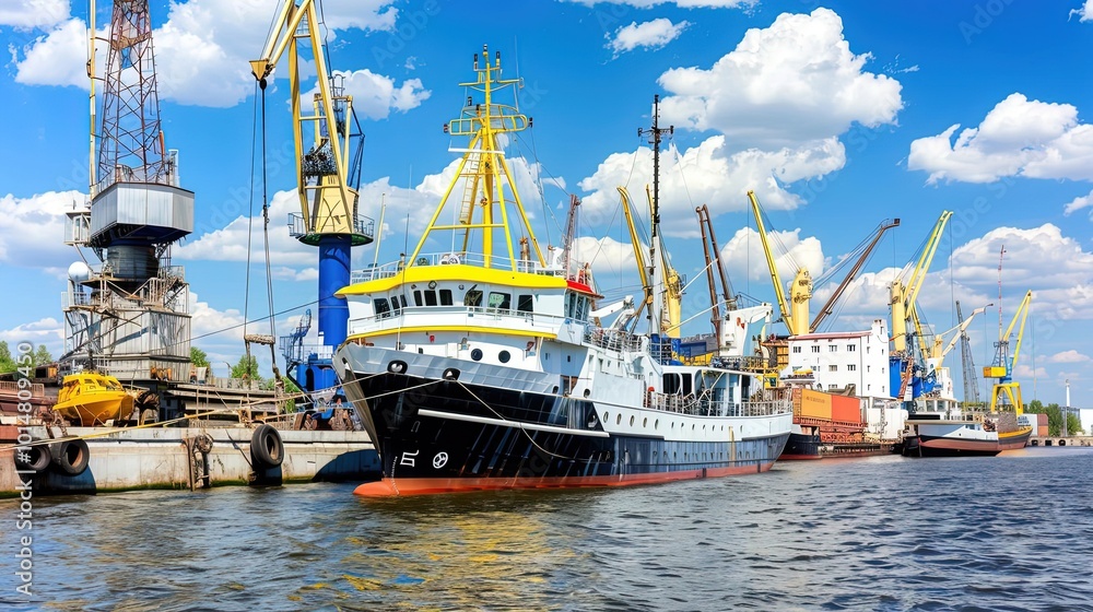 Fototapeta premium A large cargo ship anchored in the harbor, surrounded by empty docks and cranes, symbolizing a port strike. The ship's deck is visible with no activity, emphasizing the halt in operations. The scene i