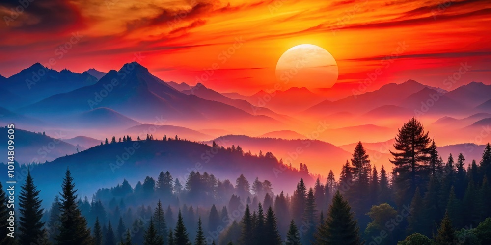 Obraz premium Vibrant of mountains, trees, and red sun in the background, mountains, trees, nature, landscape, colorful, vibrant