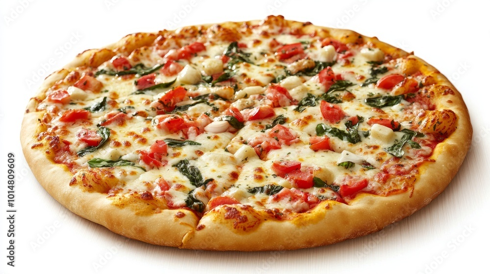 Quattro Formaggi pizza with bubbling cheese, isolated on white, colorful ingredients such as garlic, basil, and tomatoes on a wooden table Quattro Formaggi pizza with bubbling cheese, isolated on white, colorful ingredients such as garlic, basil, and tomatoes on a wooden table