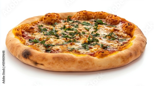 Quattro Formaggi pizza with bubbling cheese, isolated on white, colorful ingredients such as garlic, basil, and tomatoes on a wooden table