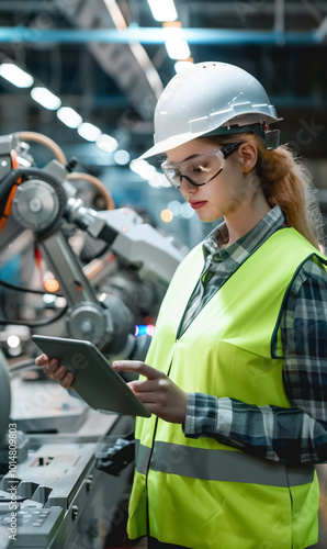 emale engineer stands in high-tech factory, woman checking tablet to oversee operations, person inspecting modern industrial automation and quality control processes maintenance photo