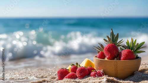 Delicious Strawberry and Pineapple Snacks Enjoyed by the Crystal-Clear Waves of a Tropical Beach Paradise photo