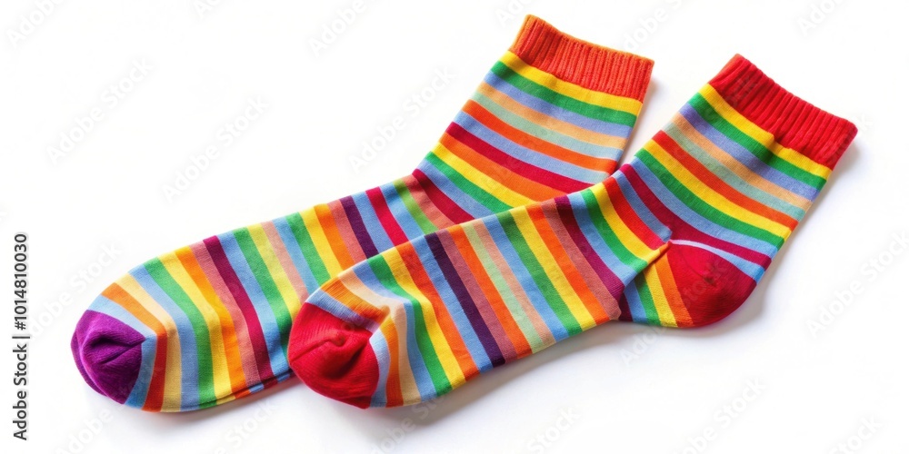 Pair of colorful striped socks on a white background, socks, pair, colorful, stripes, fashion, clothing, accessories, comfortable Pair of colorful striped socks on a white background, socks, pair, colorful, stripes, fashion, clothing, accessories, comfortable