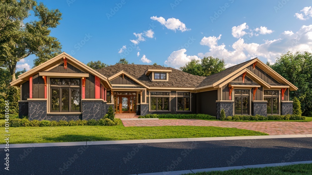Exterior rendering of a home with coral accents in a traditional style, including dark shale and cedar details, wide windows, tan trims on the roof, a brick driveway, and a well-kept grassy front Exterior rendering of a home with coral accents in a traditional style, including dark shale and cedar details, wide windows, tan trims on the roof, a brick driveway, and a well-kept grassy front