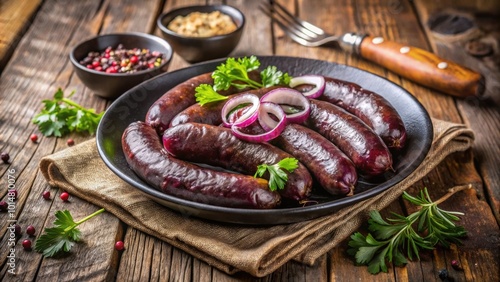 Fried blood sausage with onion on a rustic table , Spanish, cuisine, Morcilla con cebolla, food, traditional, delicacy, savory