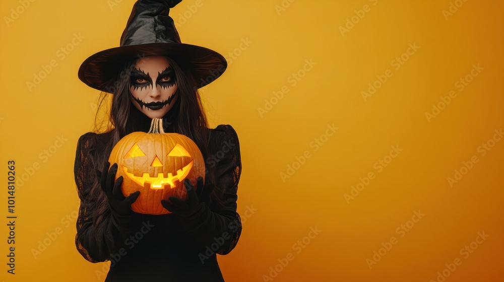 European witch woman wearing black costume and halloween makeup holding carved pumpkin, isolated over yellow background European witch woman wearing black costume and halloween makeup holding carved pumpkin, isolated over yellow background