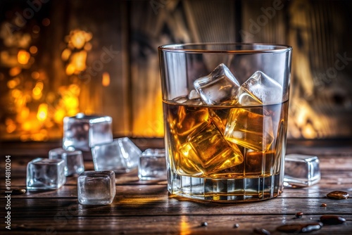 Whiskey on the rocks with blurred wooden background and scattered ice