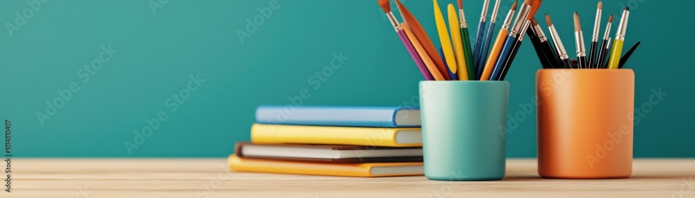 Vibrant art supplies in colorful pots on wooden table, surrounded by stacked notebooks, create inviting atmosphere for creativity and inspiration. Vibrant art supplies in colorful pots on wooden table, surrounded by stacked notebooks, create inviting atmosphere for creativity and inspiration.