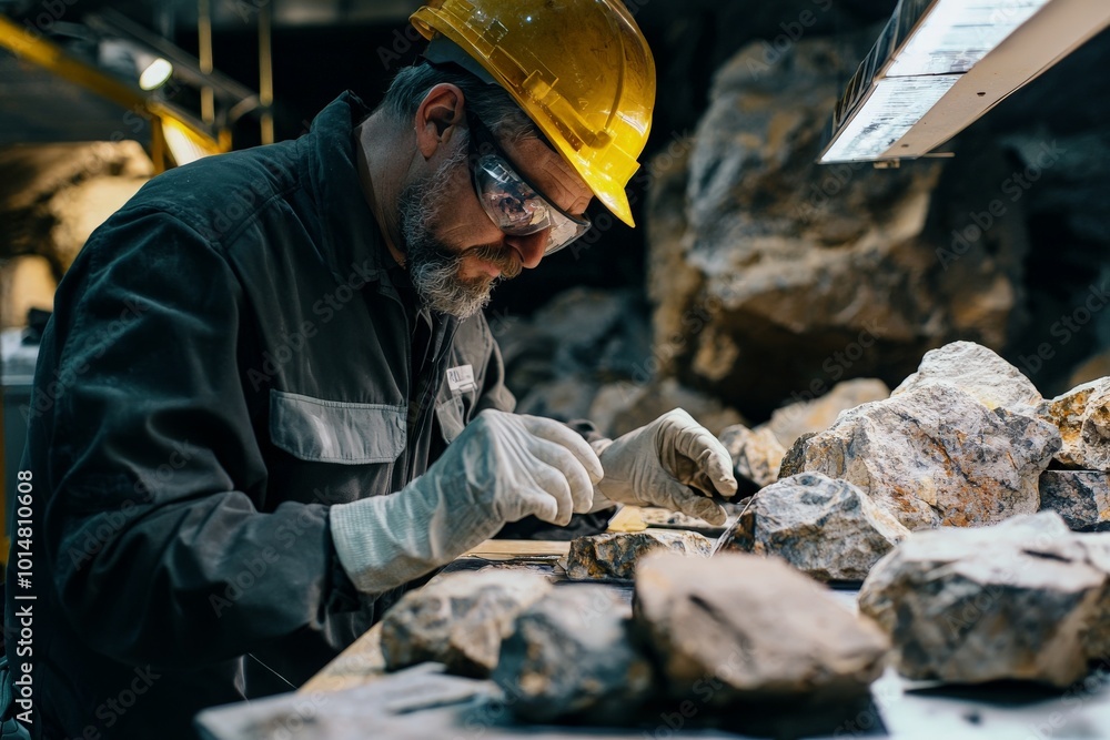 Worker Inspecting Rock Samples in an Underground Lab Worker Inspecting Rock Samples in an Underground Lab