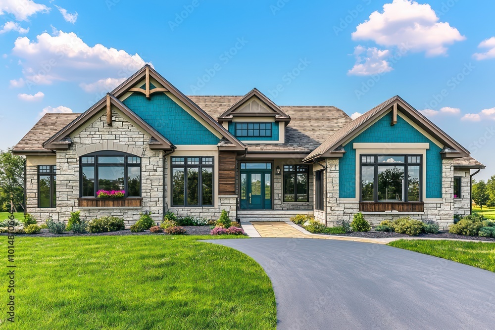 Exterior rendering of a home with vibrant cyan accents, traditional style, featuring limestone and walnut details, wide windows, beige roof trim, a stamped asphalt driveway, and rich green grass Exterior rendering of a home with vibrant cyan accents, traditional style, featuring limestone and walnut details, wide windows, beige roof trim, a stamped asphalt driveway, and rich green grass