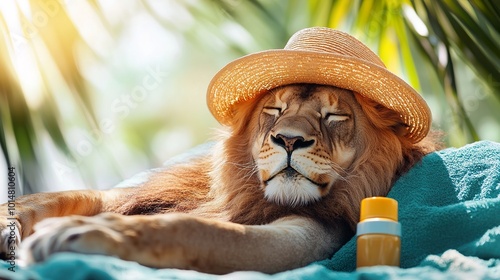 A lion wearing a sunhat and sunscreen on its nose, lounging on a beach towel under a bright summer sun photo