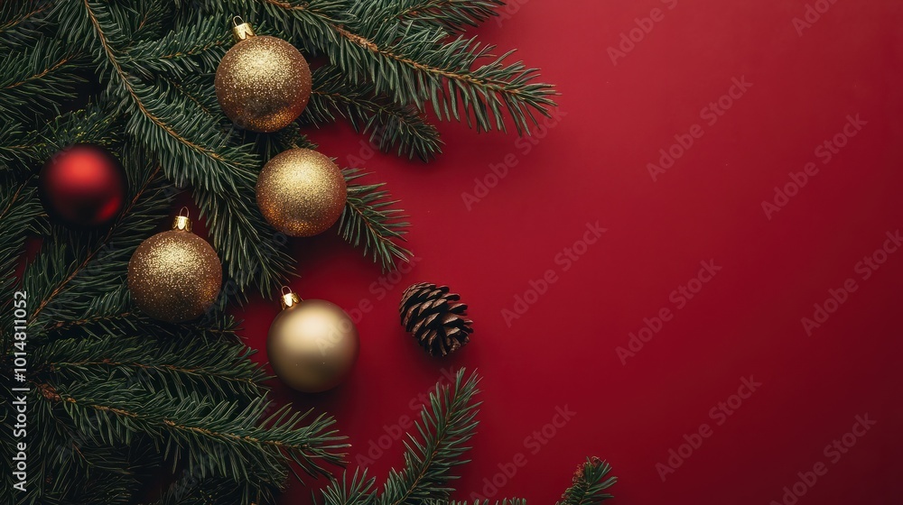 flat lay with pine tree branches with red and golden christmas balls isolated on red flat lay with pine tree branches with red and golden christmas balls isolated on red