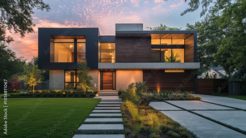 Modern Architecture Home with Sunset Background Modern Architecture Home with Sunset Background