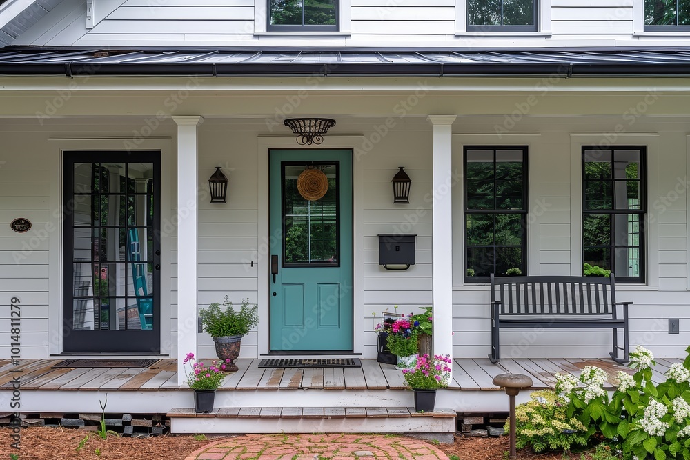 Obraz premium Charming white farmhouse with a front porch featuring black windows and a teal door, illuminated by morning light, surrounded by a garden with spring flowers.
