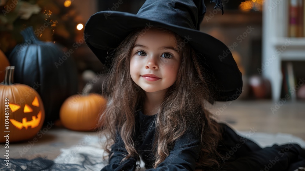 Front view little girl in witch costume for halloween Front view little girl in witch costume for halloween