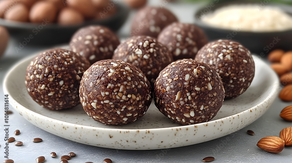 A beautifully arranged plate of dark chocolate and almond balls sits elegantly on a rustic wooden table, showcasing a delightful treat perfect for chocolate lovers. Each ball is carefully crafted, fea A beautifully arranged plate of dark chocolate and almond balls sits elegantly on a rustic wooden table, showcasing a delightful treat perfect for chocolate lovers. Each ball is carefully crafted, fea