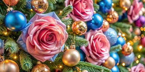 Close-up of large pink fabric roses and gold/blue baubles as Christmas tree decorations, Christmas, tree, decorations, close-up, pink