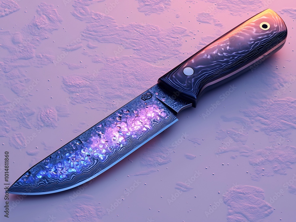 Damascus steel straight razor with a hollow grind displayed on a ...