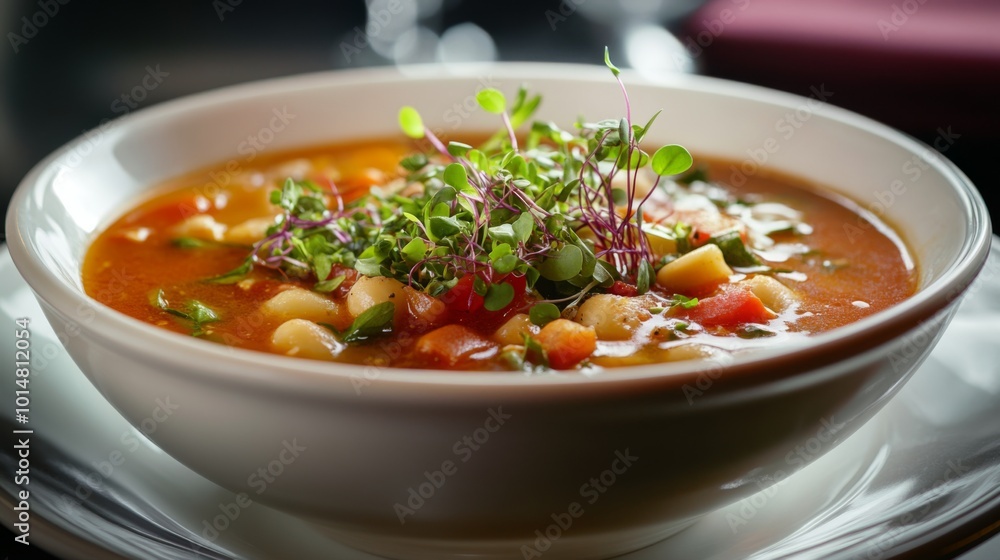 Fresh Vegetable Soup in White Bowl with Herbs Fresh Vegetable Soup in White Bowl with Herbs