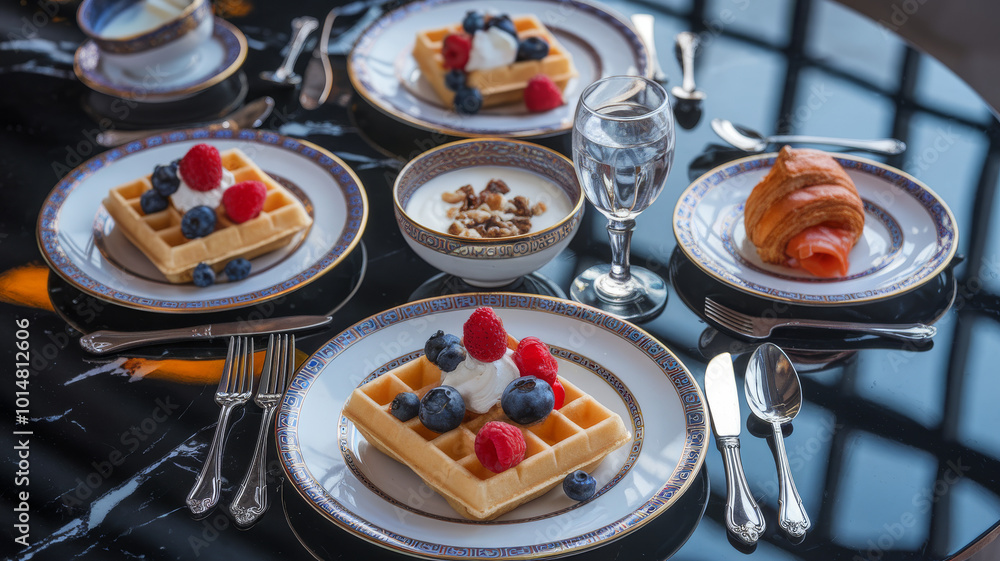 A sumptuous breakfast served on a table, featuring waffles with berries, smoked salmon, croissants, fruit juices, and coffee, creating an atmosphere of luxury and abundance. A sumptuous breakfast served on a table, featuring waffles with berries, smoked salmon, croissants, fruit juices, and coffee, creating an atmosphere of luxury and abundance.