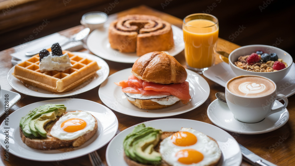 A rich and colorful breakfast featuring waffles with berries, croissant with smoked salmon, yogurt with fresh fruit, orange juice, and cappuccino, served on a table illuminated by natural light. A rich and colorful breakfast featuring waffles with berries, croissant with smoked salmon, yogurt with fresh fruit, orange juice, and cappuccino, served on a table illuminated by natural light.