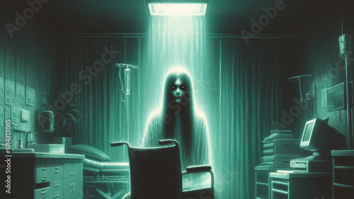 Hospital with ghostly apparitions. in creepy night.Horror halloween  background.