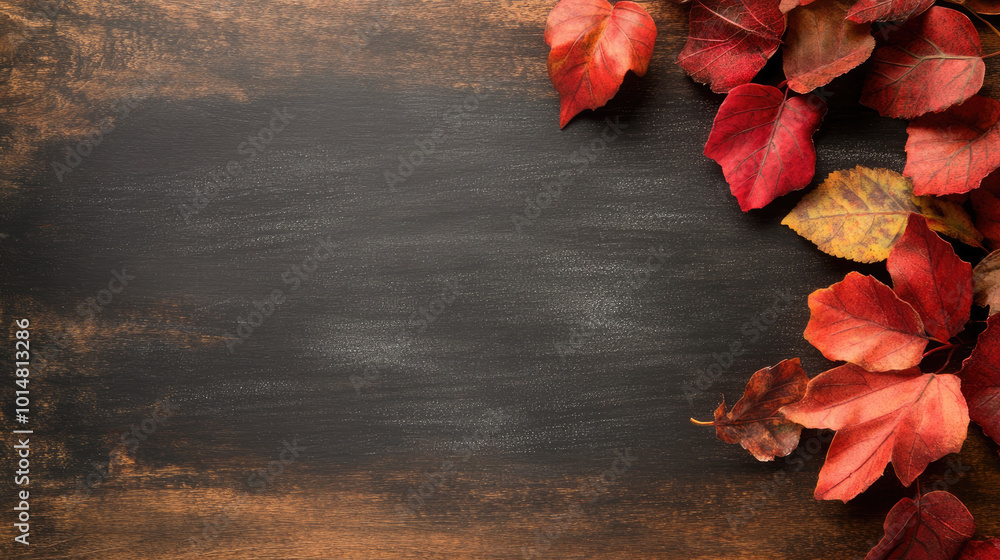 Obraz premium Thanksgiving Greeting Card with Chalkboard Design, Red Autumn Leaves, Rustic Wood Background, Warm Seasonal Wishes