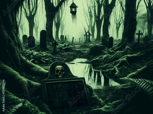Graveyard silhouette halloween Abstract Background. in creepy night forest. Horror halloween  background.