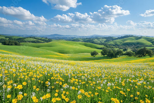 Fototapeta Naklejka Na Ścianę i Meble -  A surreal landscape, with hills covered in wildflowers, a blue sky with white clouds, and a green grassy valley in golden hues.