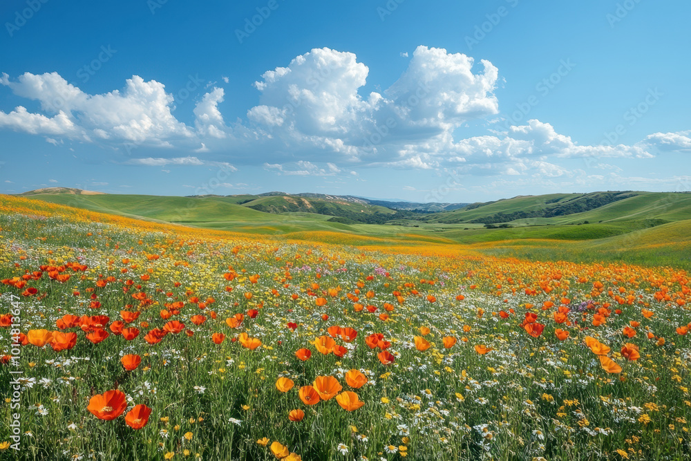 A surreal landscape, with hills covered in wildflowers, a blue sky with white clouds, and a green grassy valley in golden hues. A surreal landscape, with hills covered in wildflowers, a blue sky with white clouds, and a green grassy valley in golden hues.