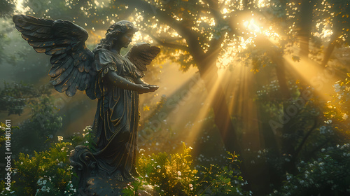 statue of angel in the forest
