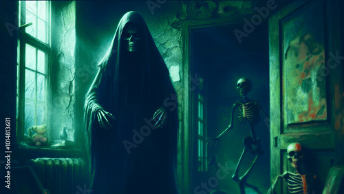 Grim reaper in creepy night /Horror halloween  background.