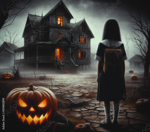 Girl Inside view of haunted house   in creepy night forest. /Horror halloween  background.